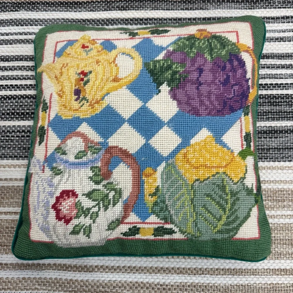 Vintage Wool Needlepoint Multicolor Throw Pillow Teapot Collection